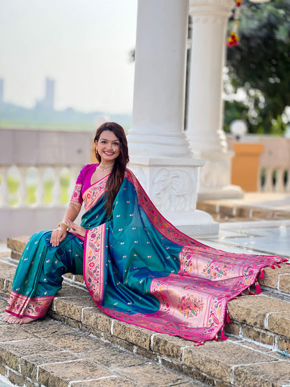 Mameraa Sarees Sky Blue Faux Banarasi Silk Saree With Paithani Rich Weaved Pallu And Blouse-Sky_Blue