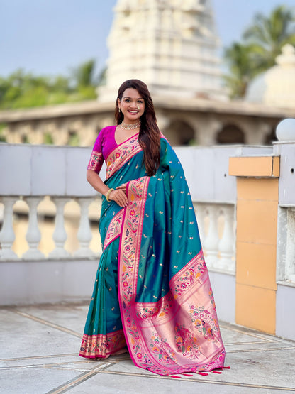 Mameraa Sarees Sky Blue Faux Banarasi Silk Saree With Paithani Rich Weaved Pallu And Blouse-Sky_Blue