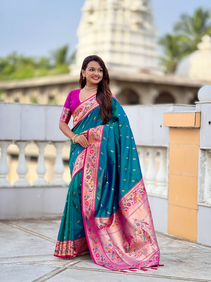 Mameraa Sarees Sky Blue Faux Banarasi Silk Saree With Paithani Rich Weaved Pallu And Blouse-Sky_Blue