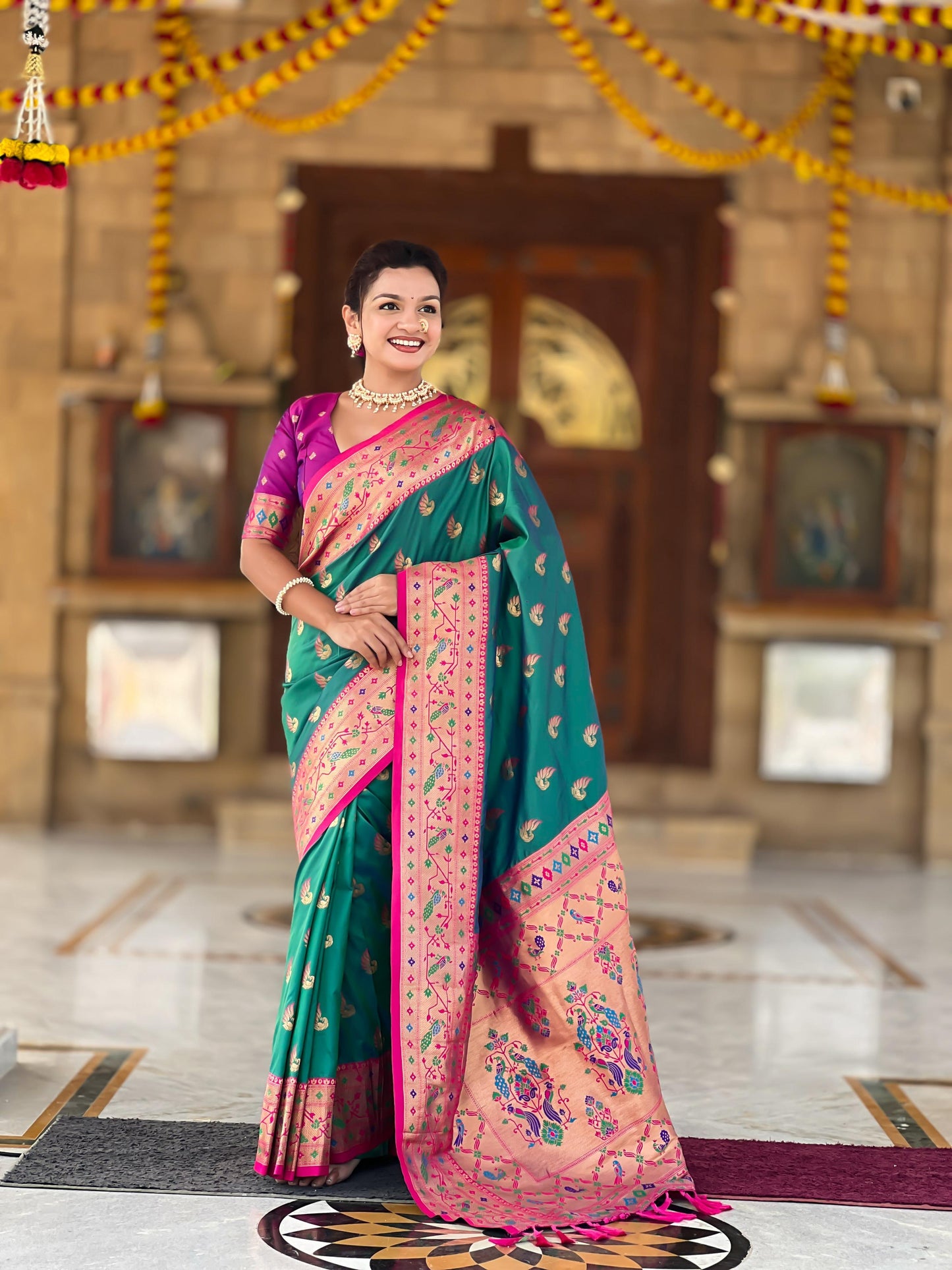 Mameraa Sarees Sea Green Faux Banarasi Silk Saree With Paithani Rich Weaved Pallu And Blouse-Sea_Green