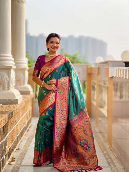 Mameraa Sarees Sea Green Faux Banarasi Silk Saree With Paithani Rich Weaved Pallu And Blouse-Sea_Green