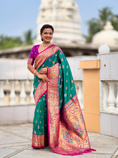 Mameraa Sarees Sea Green Faux Banarasi Silk Saree With Paithani Rich Weaved Pallu And Blouse-Sea_Green