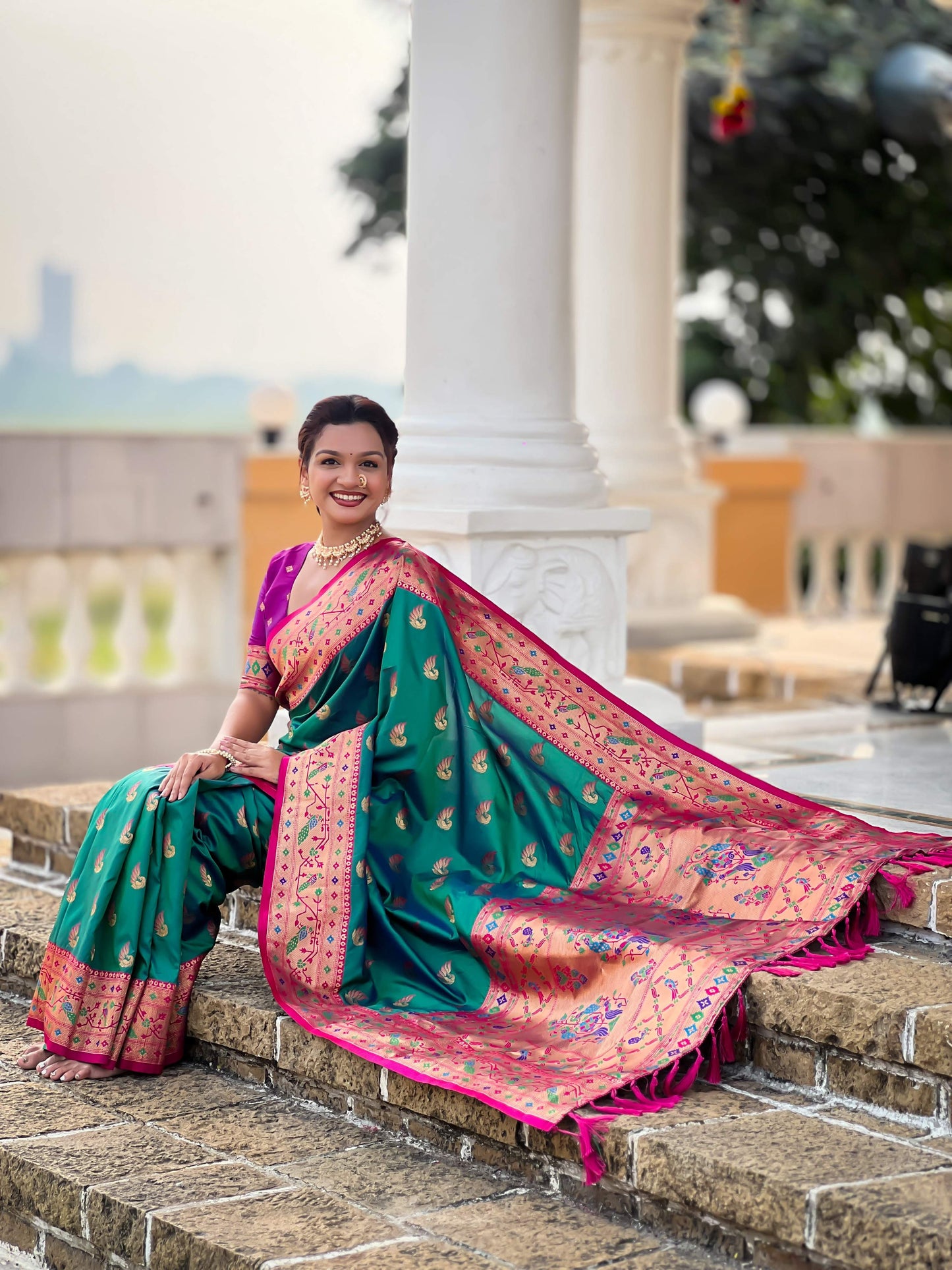 Mameraa Sarees Sea Green Faux Banarasi Silk Saree With Paithani Rich Weaved Pallu And Blouse-Sea_Green