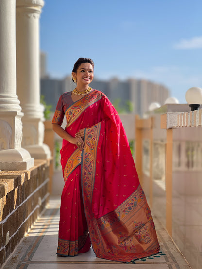 Mameraa Sarees Pink Green Faux Banarasi Silk Saree With Paithani Rich Weaved Pallu And Blouse-Pink