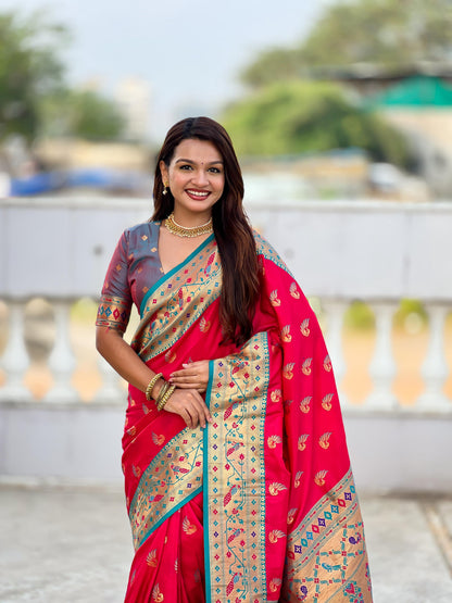Mameraa Sarees Pink Green Faux Banarasi Silk Saree With Paithani Rich Weaved Pallu And Blouse-Pink