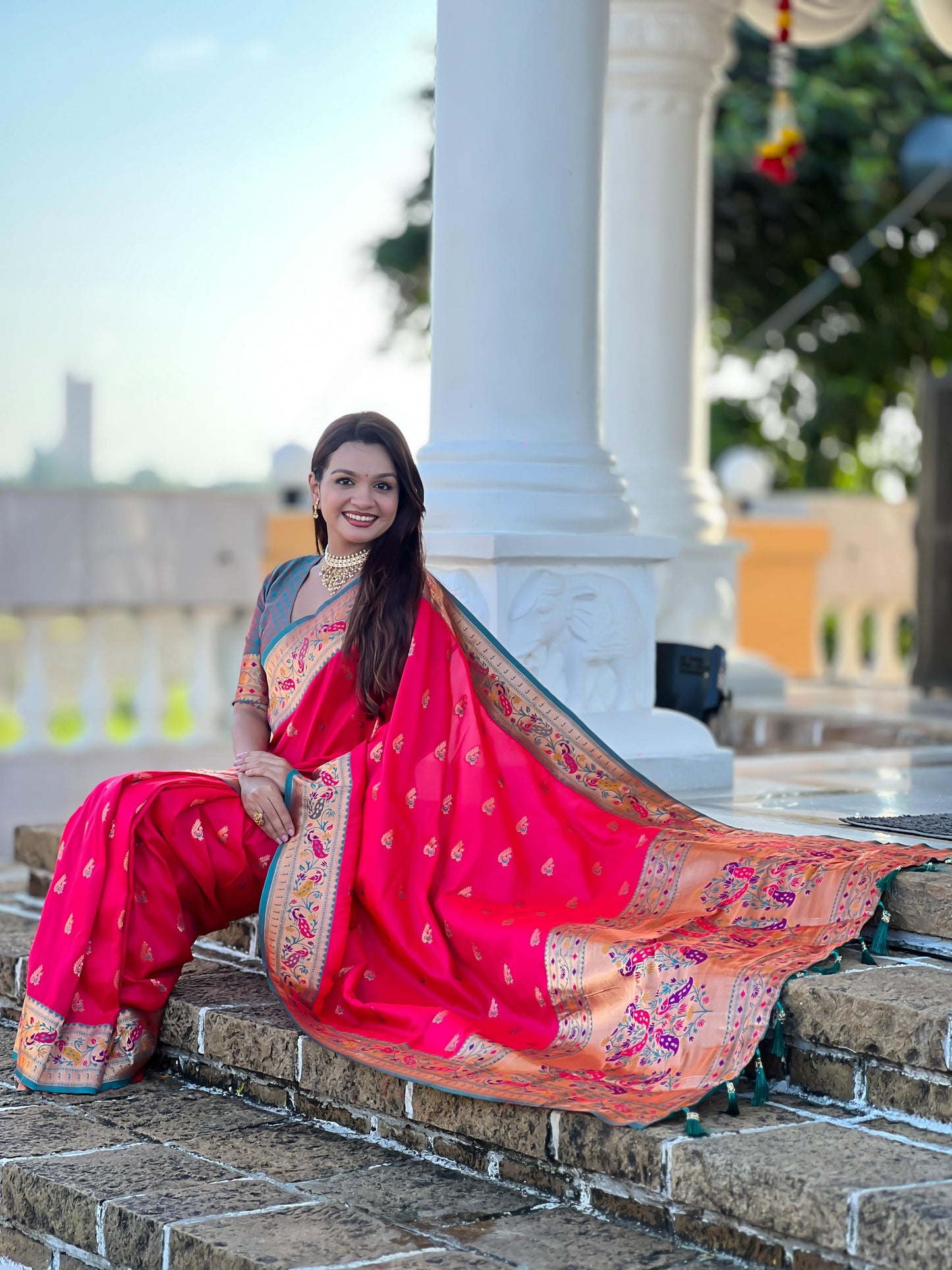 Mameraa Sarees Pink Green Faux Banarasi Silk Saree With Paithani Rich Weaved Pallu And Blouse-Pink