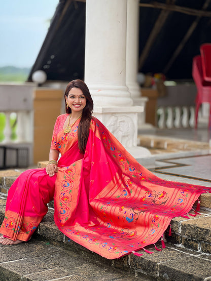 Mameraa Sarees Pink Green Faux Banarasi Silk Saree With Paithani Rich Weaved Pallu And Blouse-Pink