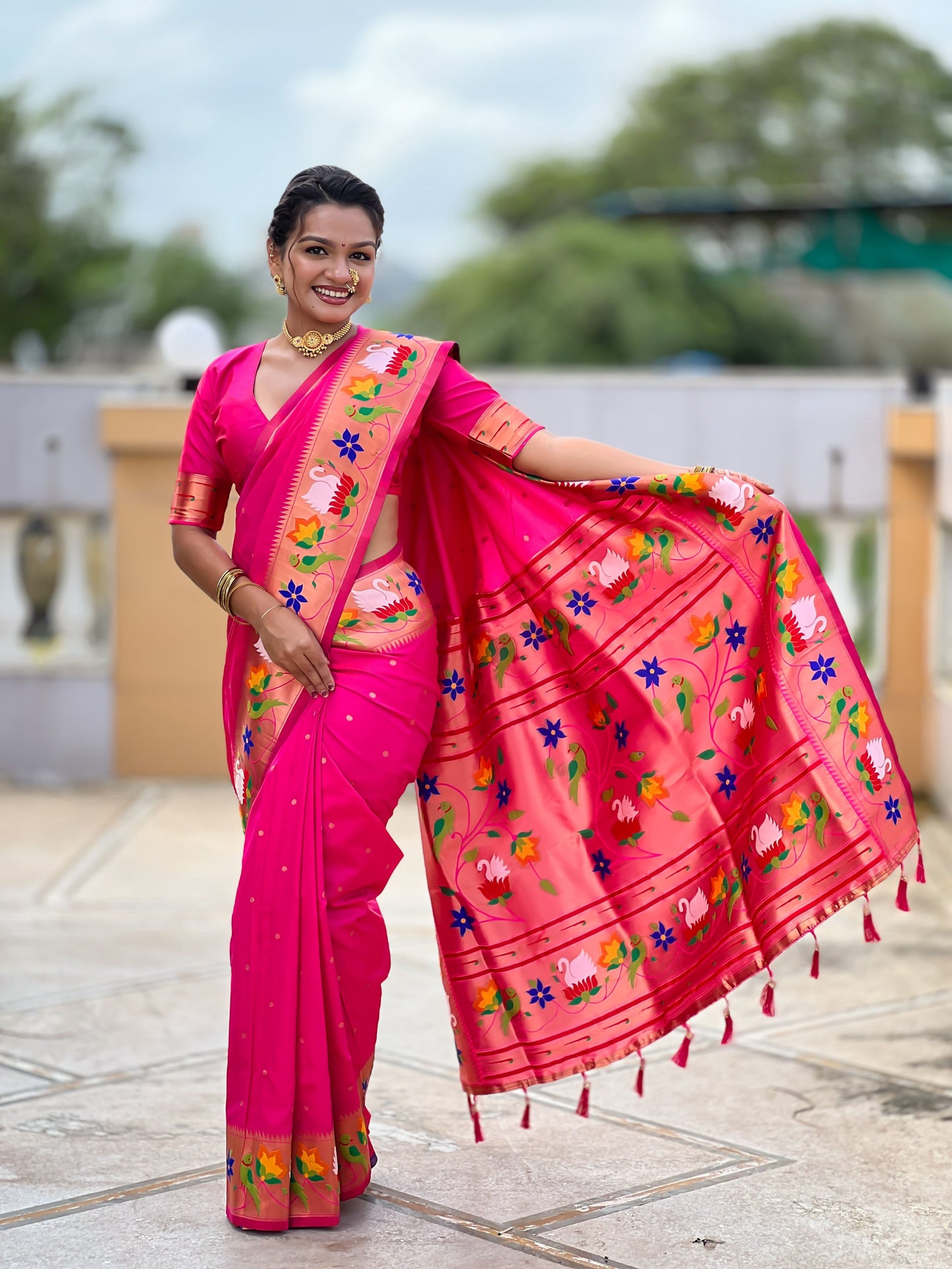 Mameraa Sarees Rani Pink Faux Banarasi Silk Saree With Paithani Rich Weaved Pallu And Blouse-Rani_Pink