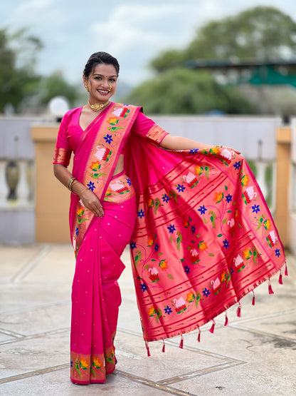 Mameraa Sarees Rani Pink Faux Banarasi Silk Saree With Paithani Rich Weaved Pallu And Blouse-Rani_Pink
