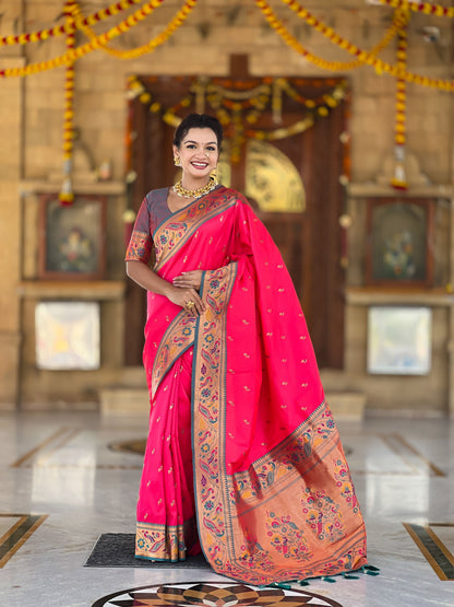 Mameraa Sarees Pink Green Faux Banarasi Silk Saree With Paithani Rich Weaved Pallu And Blouse-Pink