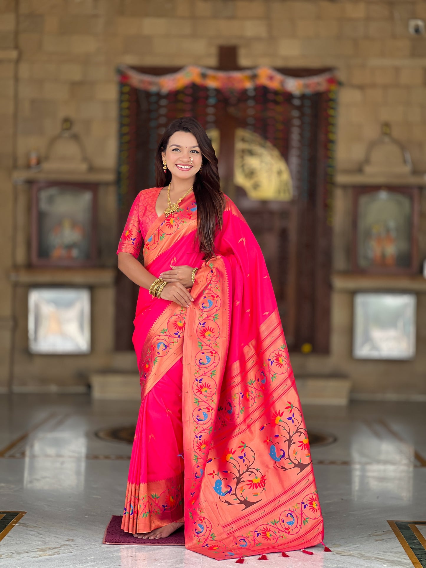 Mameraa Sarees Pink Green Faux Banarasi Silk Saree With Paithani Rich Weaved Pallu And Blouse-Pink
