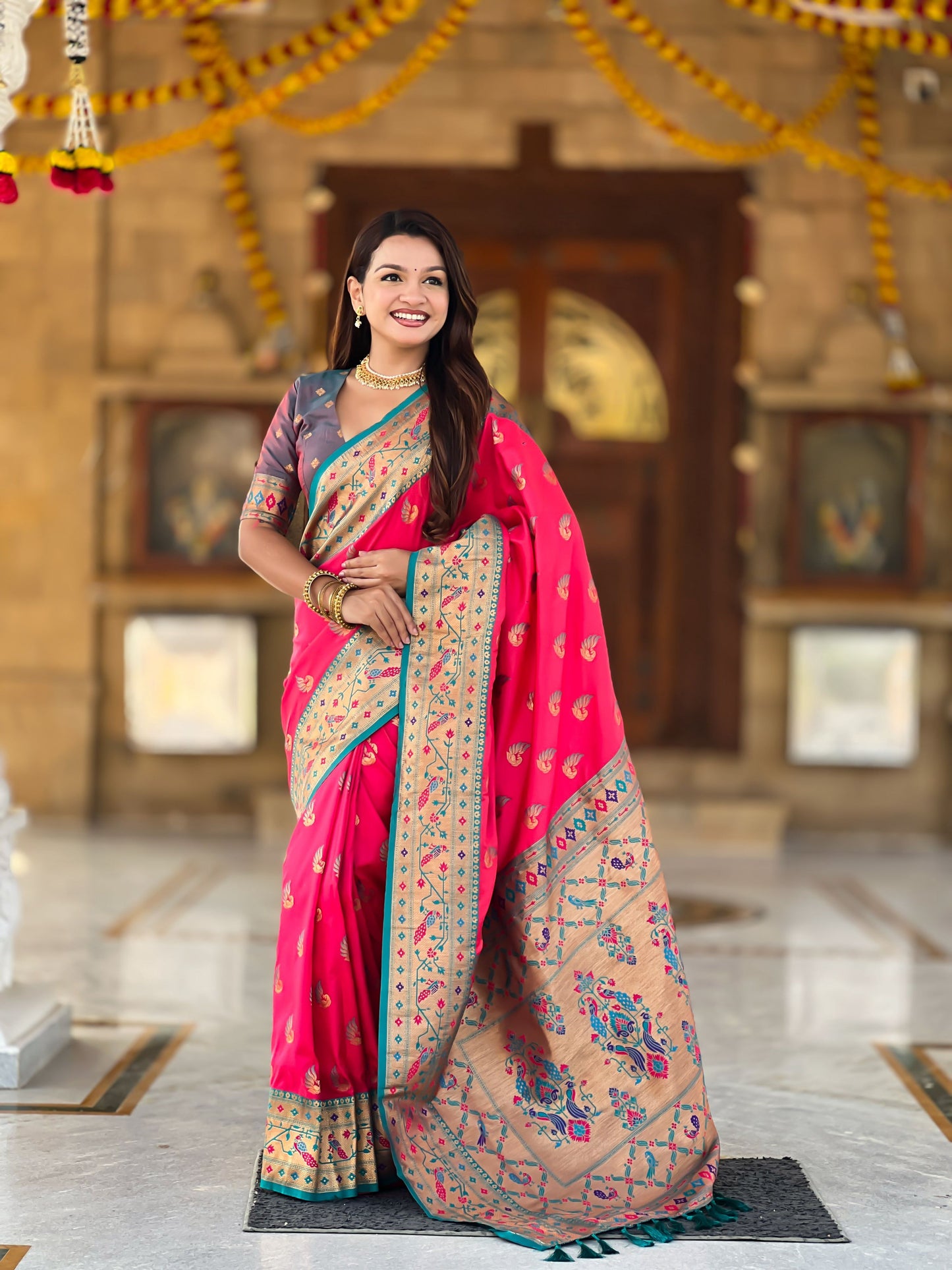 Mameraa Sarees Pink Green Faux Banarasi Silk Saree With Paithani Rich Weaved Pallu And Blouse-Pink