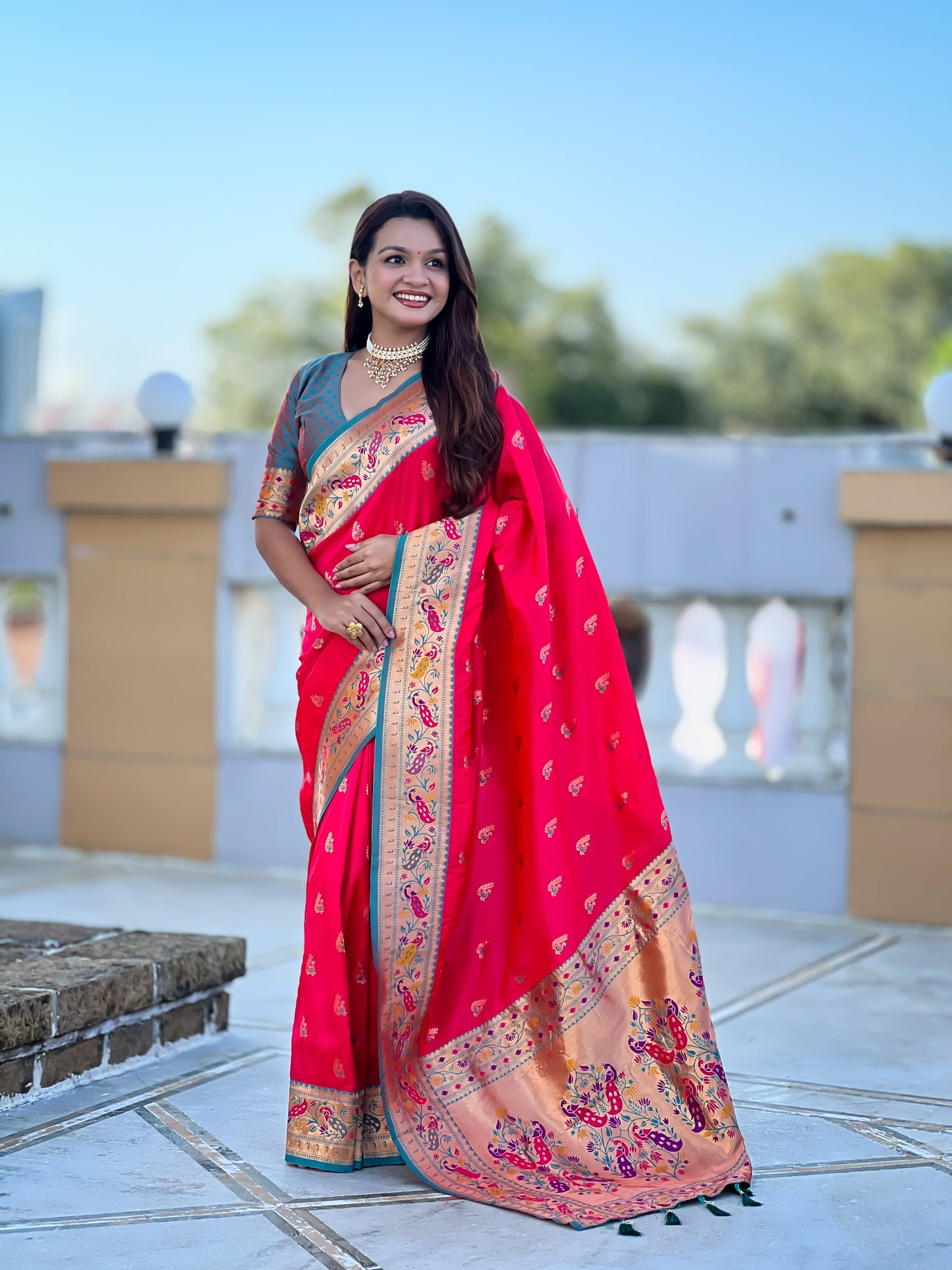 Mameraa Sarees Pink Green Faux Banarasi Silk Saree With Paithani Rich Weaved Pallu And Blouse-Pink