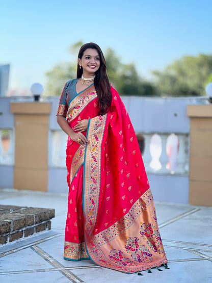 Mameraa Sarees Pink Green Faux Banarasi Silk Saree With Paithani Rich Weaved Pallu And Blouse-Pink