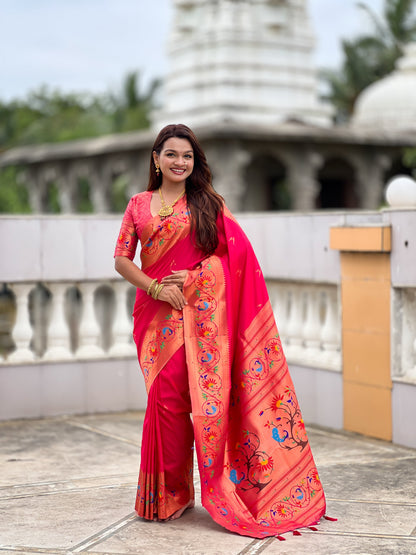 Mameraa Sarees Pink Green Faux Banarasi Silk Saree With Paithani Rich Weaved Pallu And Blouse-Pink