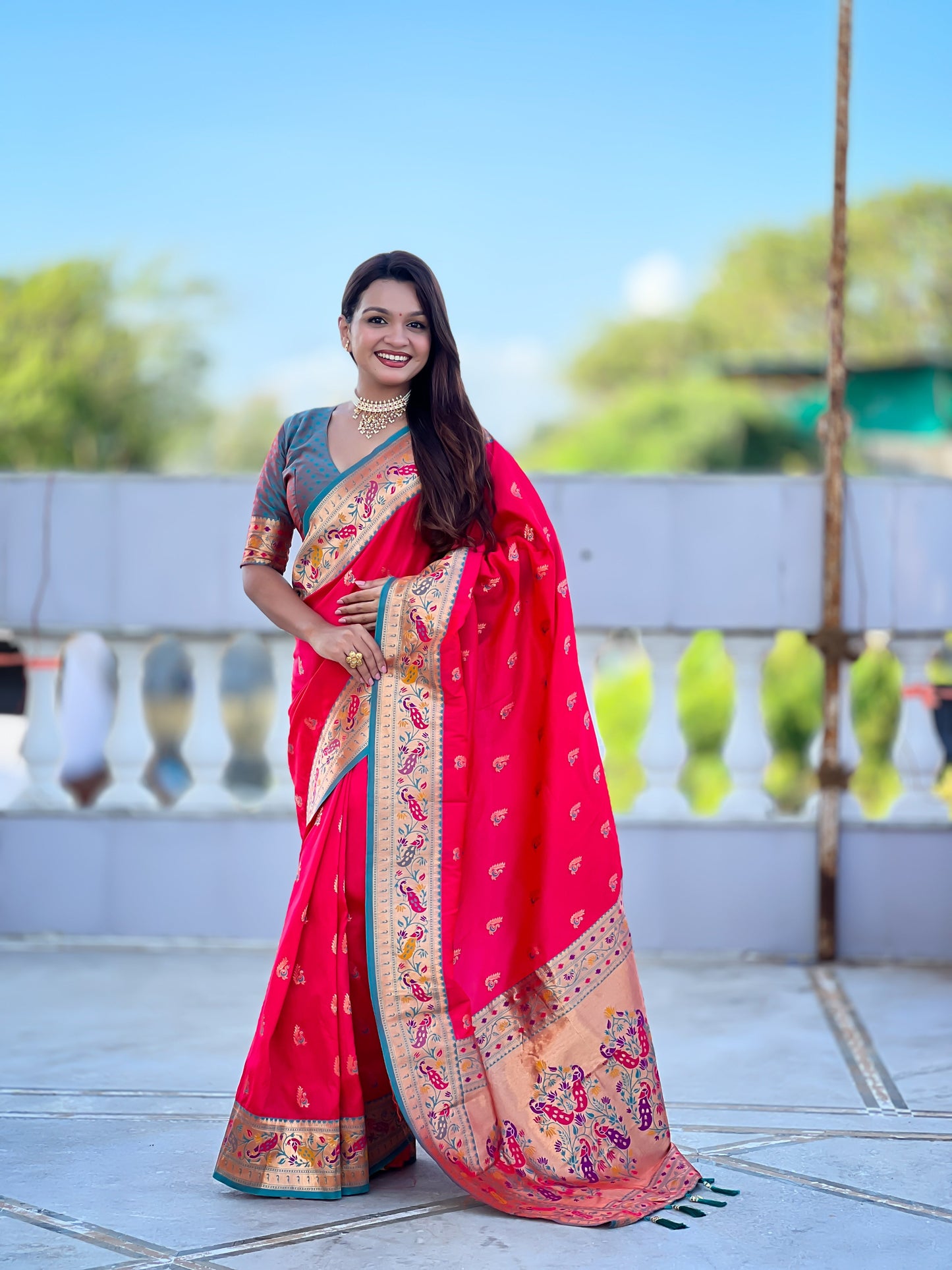 Mameraa Sarees Pink Green Faux Banarasi Silk Saree With Paithani Rich Weaved Pallu And Blouse-Pink