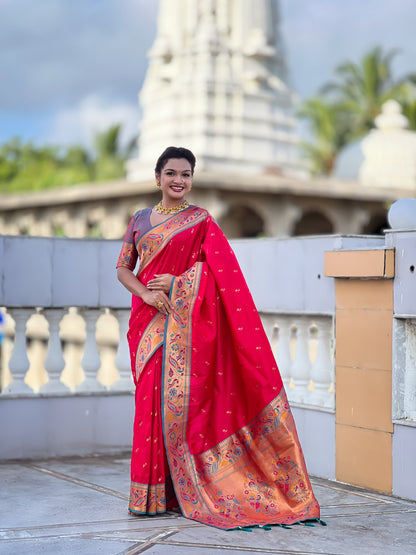 Mameraa Sarees Pink Green Faux Banarasi Silk Saree With Paithani Rich Weaved Pallu And Blouse-Pink