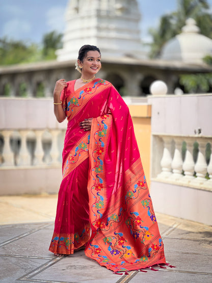 Mameraa Sarees Pink Green Faux Banarasi Silk Saree With Paithani Rich Weaved Pallu And Blouse-Pink