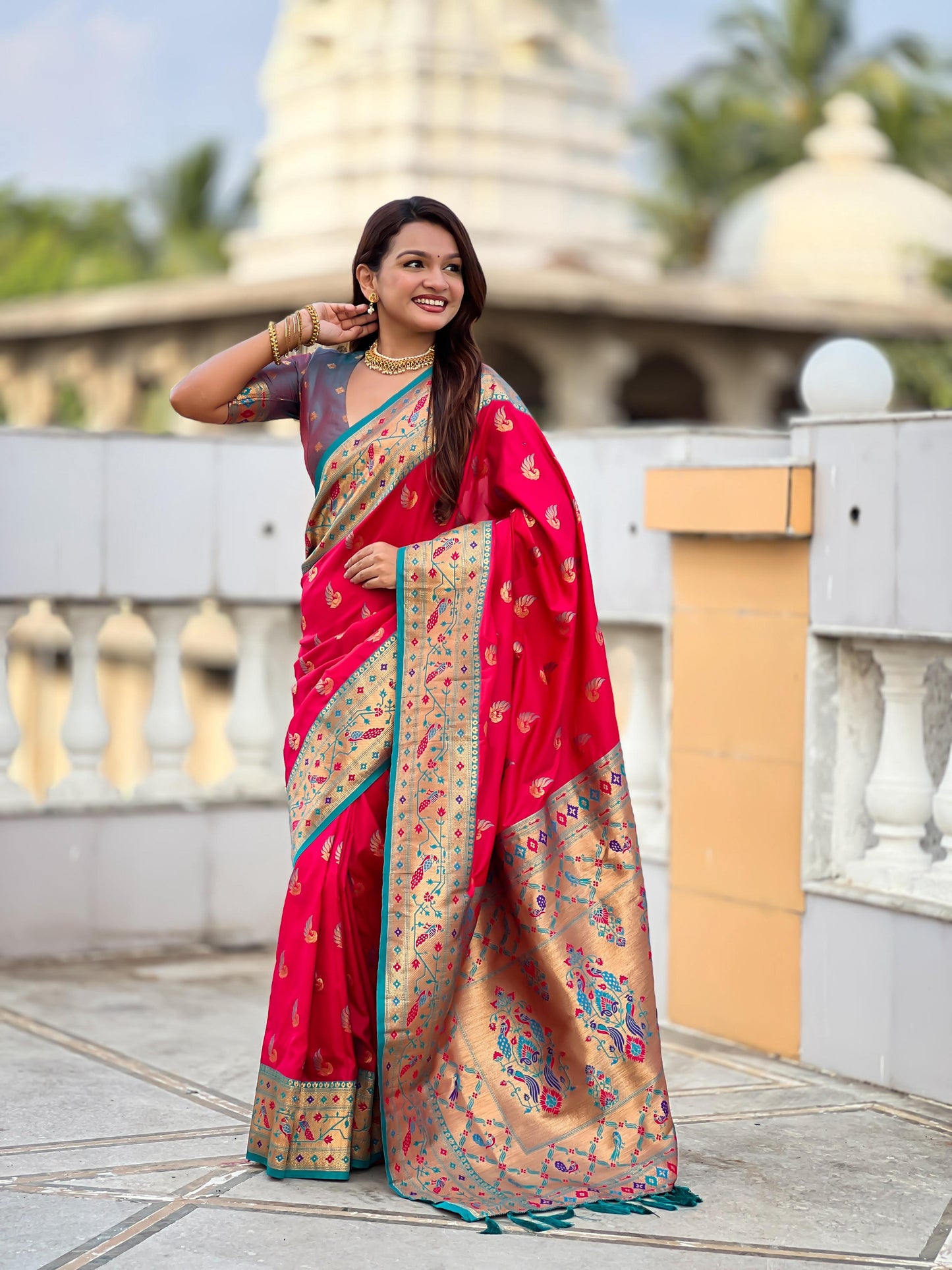 Mameraa Sarees Pink Green Faux Banarasi Silk Saree With Paithani Rich Weaved Pallu And Blouse-Pink