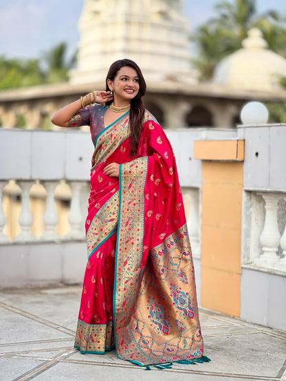 Mameraa Sarees Pink Green Faux Banarasi Silk Saree With Paithani Rich Weaved Pallu And Blouse-Pink