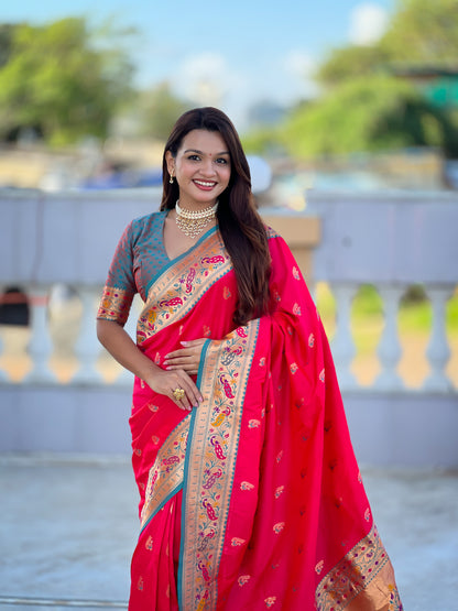 Mameraa Sarees Pink Green Faux Banarasi Silk Saree With Paithani Rich Weaved Pallu And Blouse-Pink