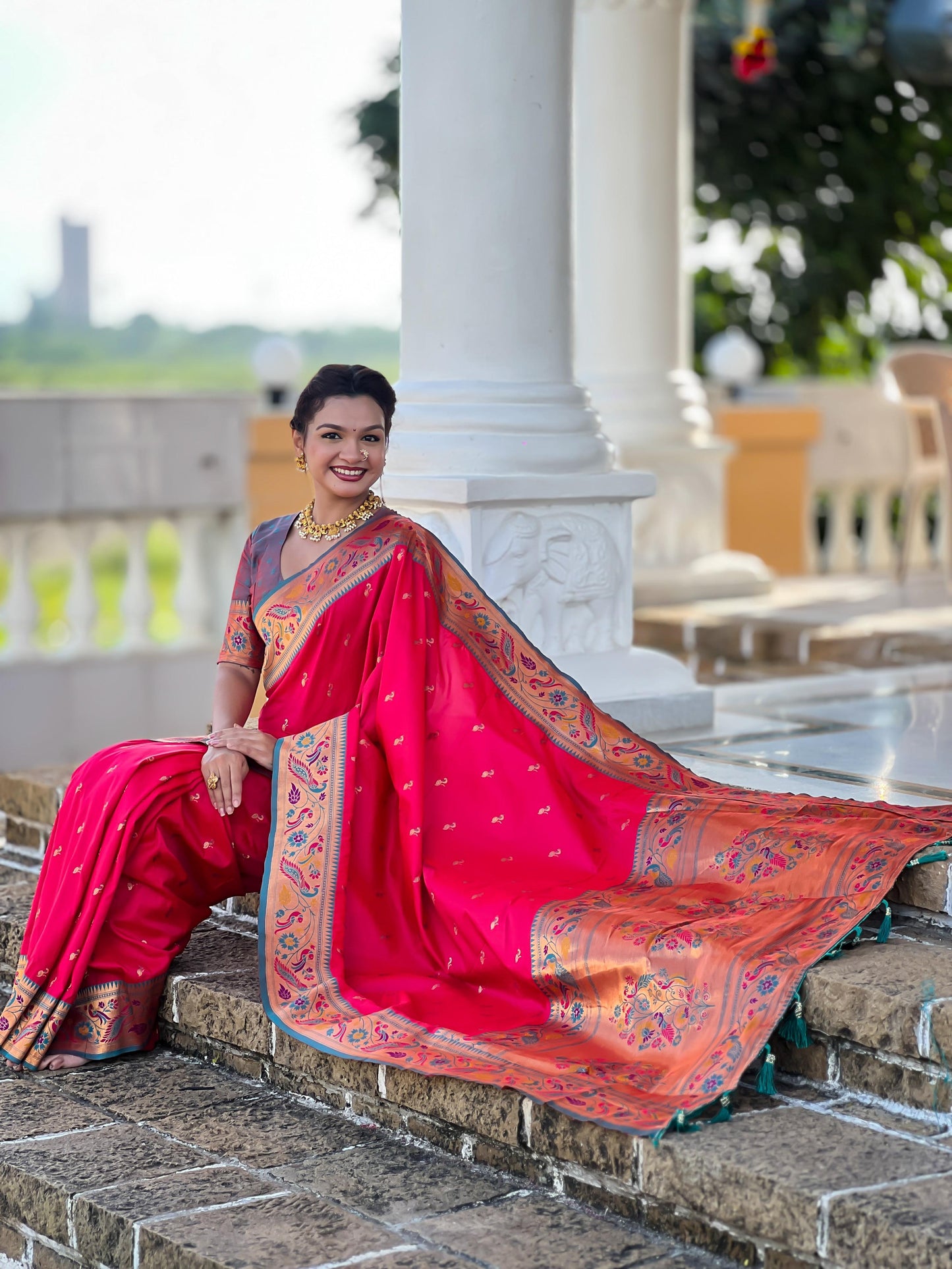 Mameraa Sarees Pink Green Faux Banarasi Silk Saree With Paithani Rich Weaved Pallu And Blouse-Pink