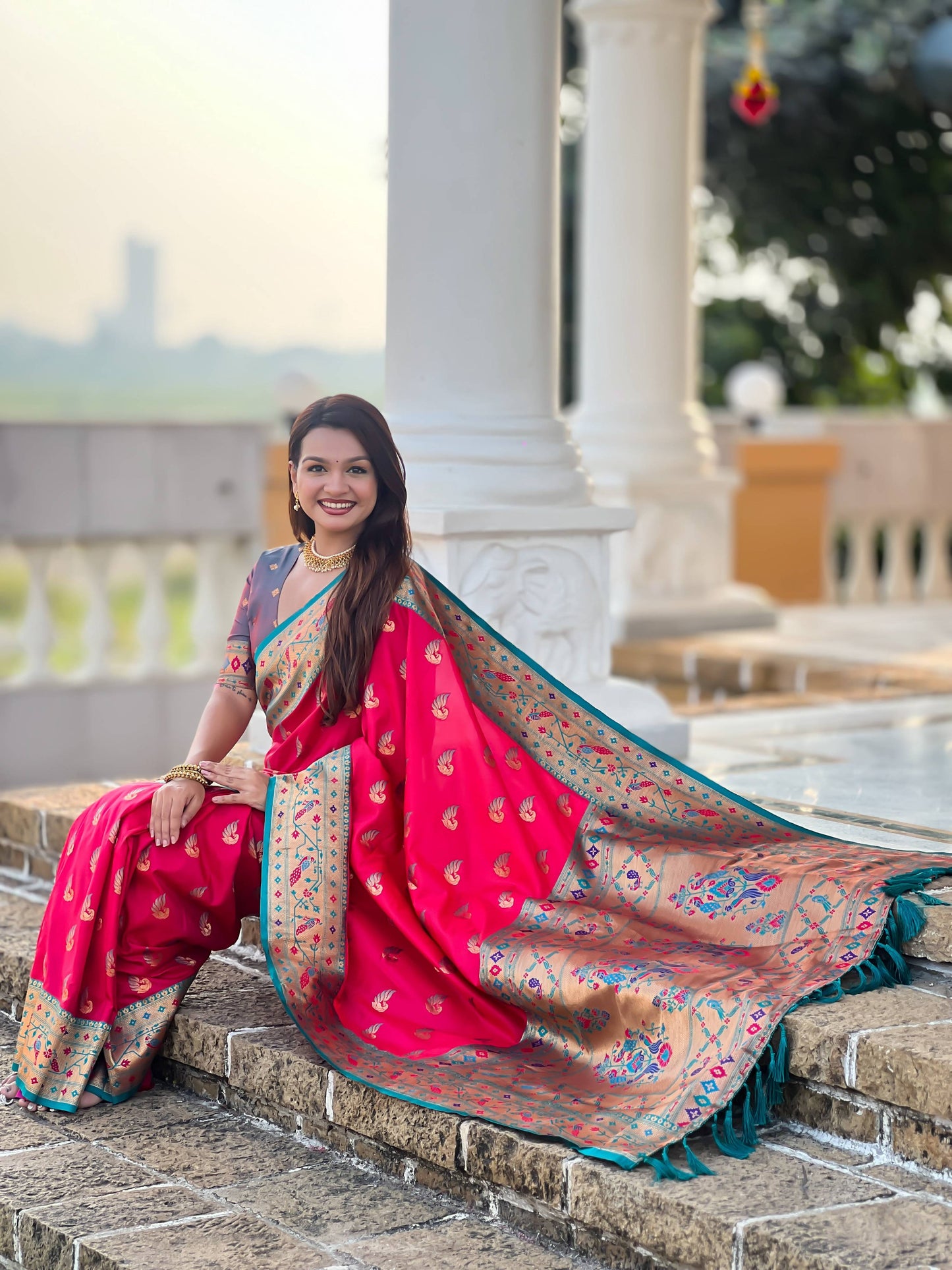 Mameraa Sarees Pink Green Faux Banarasi Silk Saree With Paithani Rich Weaved Pallu And Blouse-Pink