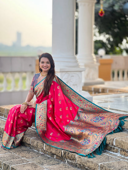 Mameraa Sarees Pink Green Faux Banarasi Silk Saree With Paithani Rich Weaved Pallu And Blouse-Pink