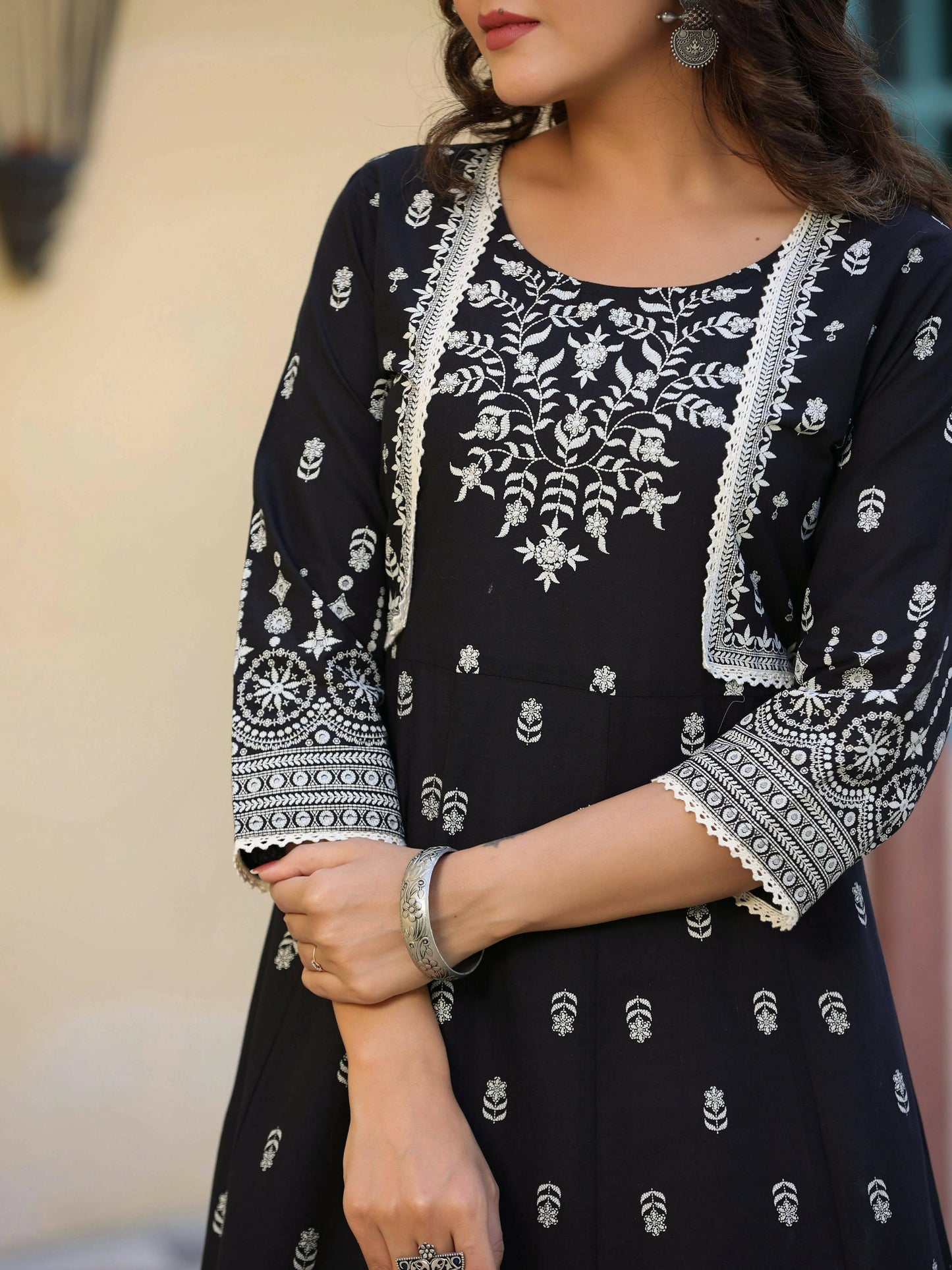 Juniper Women's Black Printed Anarkali Flared Dress