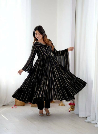 Teeya Creation Black Color Mal Chanderi Silk Hand Embroidery Work Long Gown