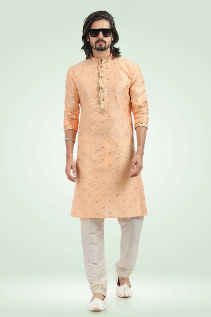 Raivat Ethnic Jacquard Banarasi Silk Pintux Work Kurta Pajama In Peach Colour