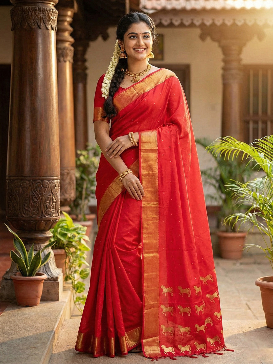 Anaita Red Silk Saree With Blouse Piece