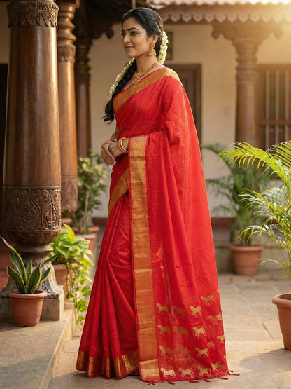Anaita Red Silk Saree With Blouse Piece