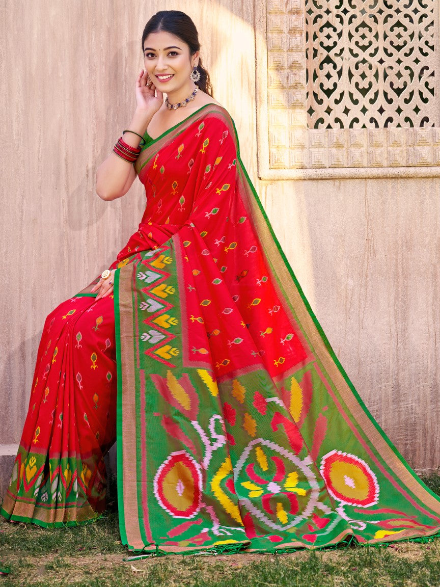 Anaita Red Silk Saree With Blouse Piece