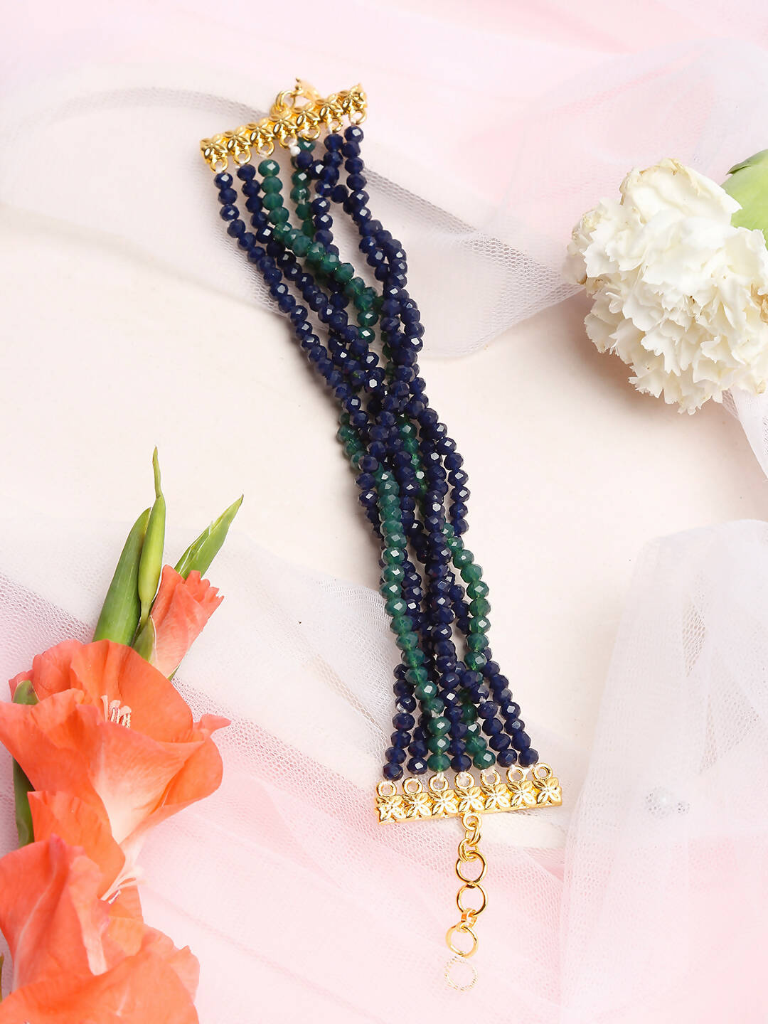 Women's Gold-Toned, Navy Blue Green Onyx Gold-Polished Multistrand Bracelet - Ruby Raang