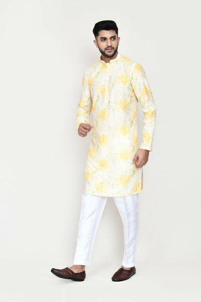 Joban Fashion Yellow Colored Rayon Based With Digital Print Fabric Kurta With Straight Fit Pant