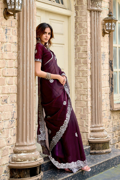 Vastranavya Wine Embroidery Work Shimmer Chiffon Saree with Unstitched Blouse