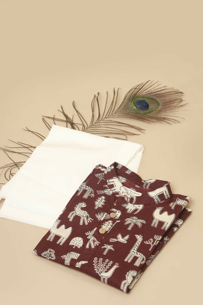 Breathables Kids Cotton Night Suit – Wine Animal Print Kurta & Pyjama Co-Ord Set For Boys & Girls