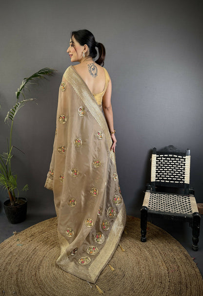 Joban Fashion Mud Brown Handloom Banarasi Organza Silk Khatali Butta Work Saree