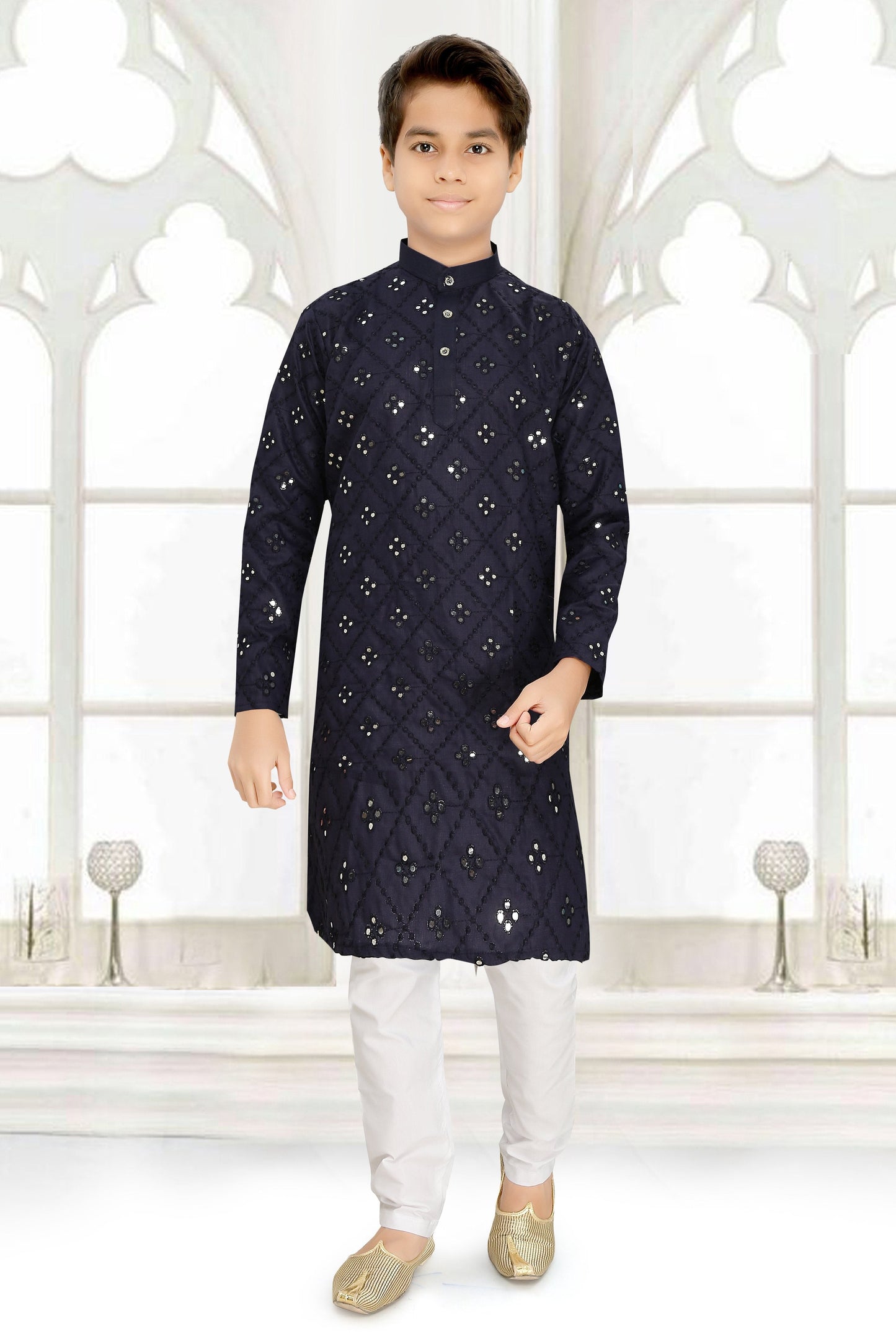 Neera Trendz Blue Cotton Blend Mirror Work Kid's Kurta With Pyjama