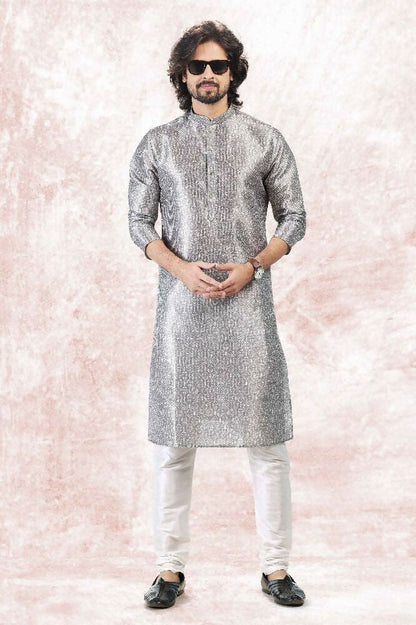 Raivat Ethnic Jacquard Banarasi Silk Digital Print Kurta Pajama In Grey Colour