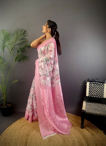 Elora Baby Pink Silk Floral Motifs Coppery Tone Contrast Floral Border Banarasi Saree