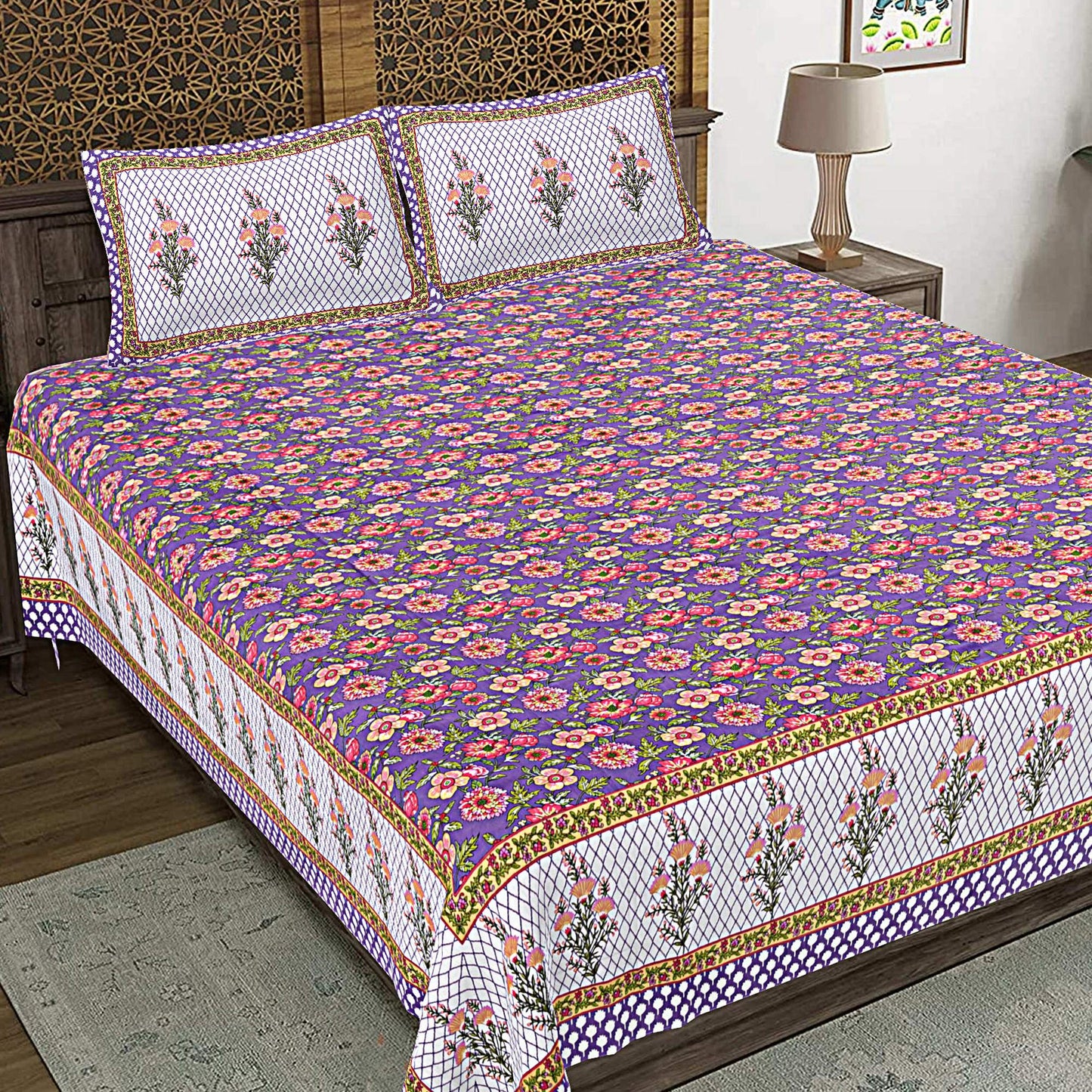 Rudra Bazaar Purple 210 TC Cotton Double King Bedsheet With 2 Pillow Covers