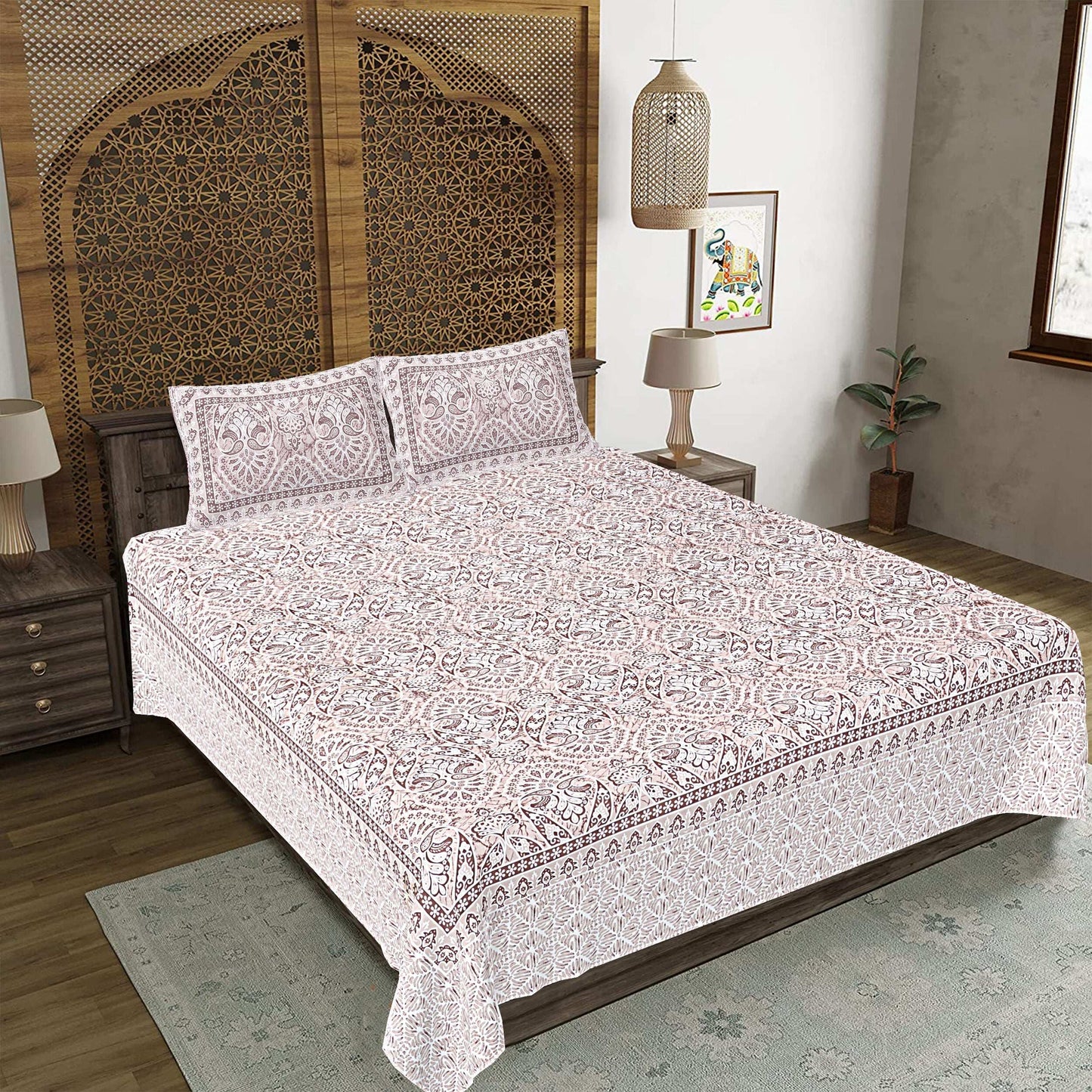 Rudra Bazaar Brown 210 TC Cotton Double King Bedsheet With 2 Pillow Covers