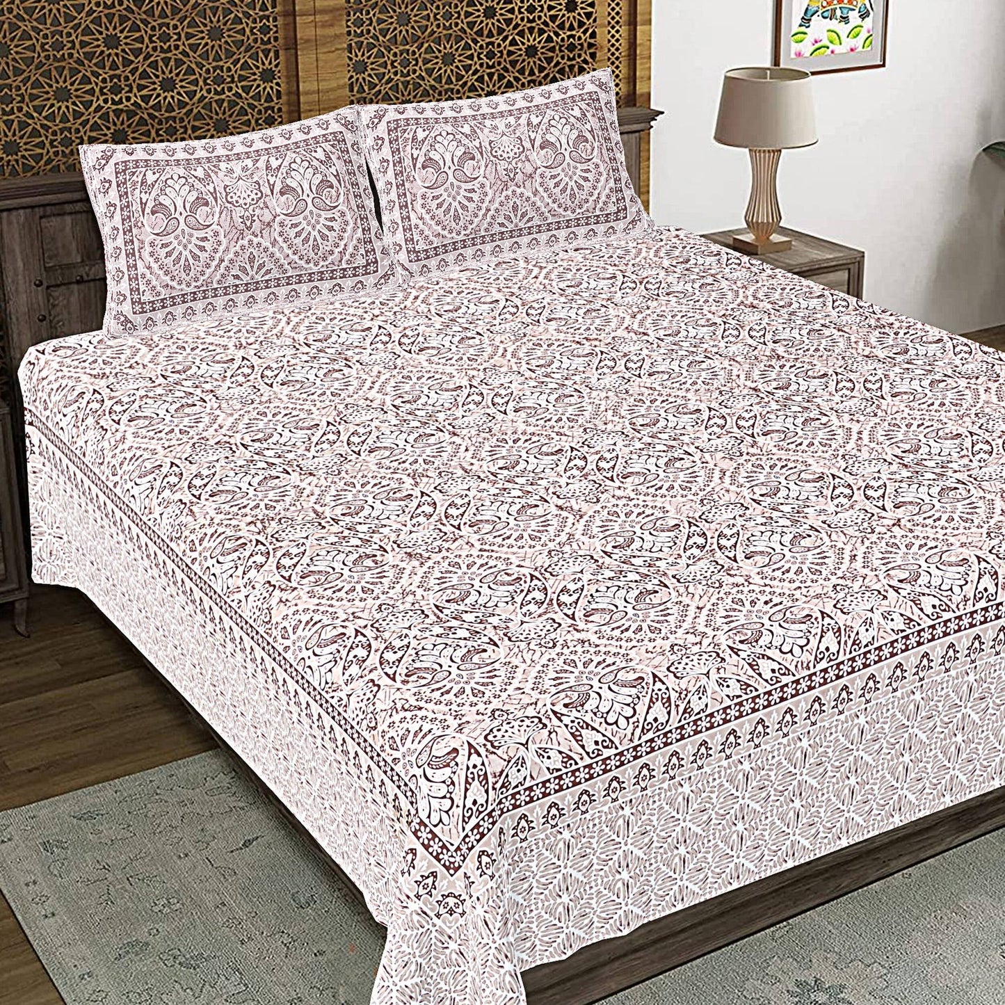 Rudra Bazaar Brown 210 TC Cotton Double King Bedsheet With 2 Pillow Covers