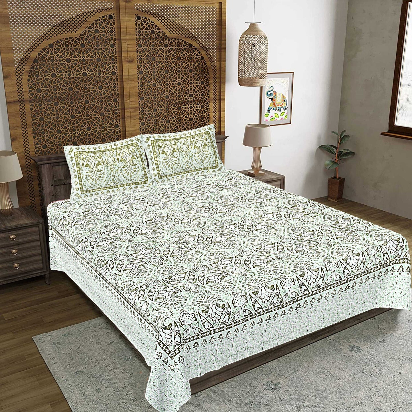 Rudra Bazaar Green 210 TC Cotton Double King Bedsheet With 2 Pillow Covers