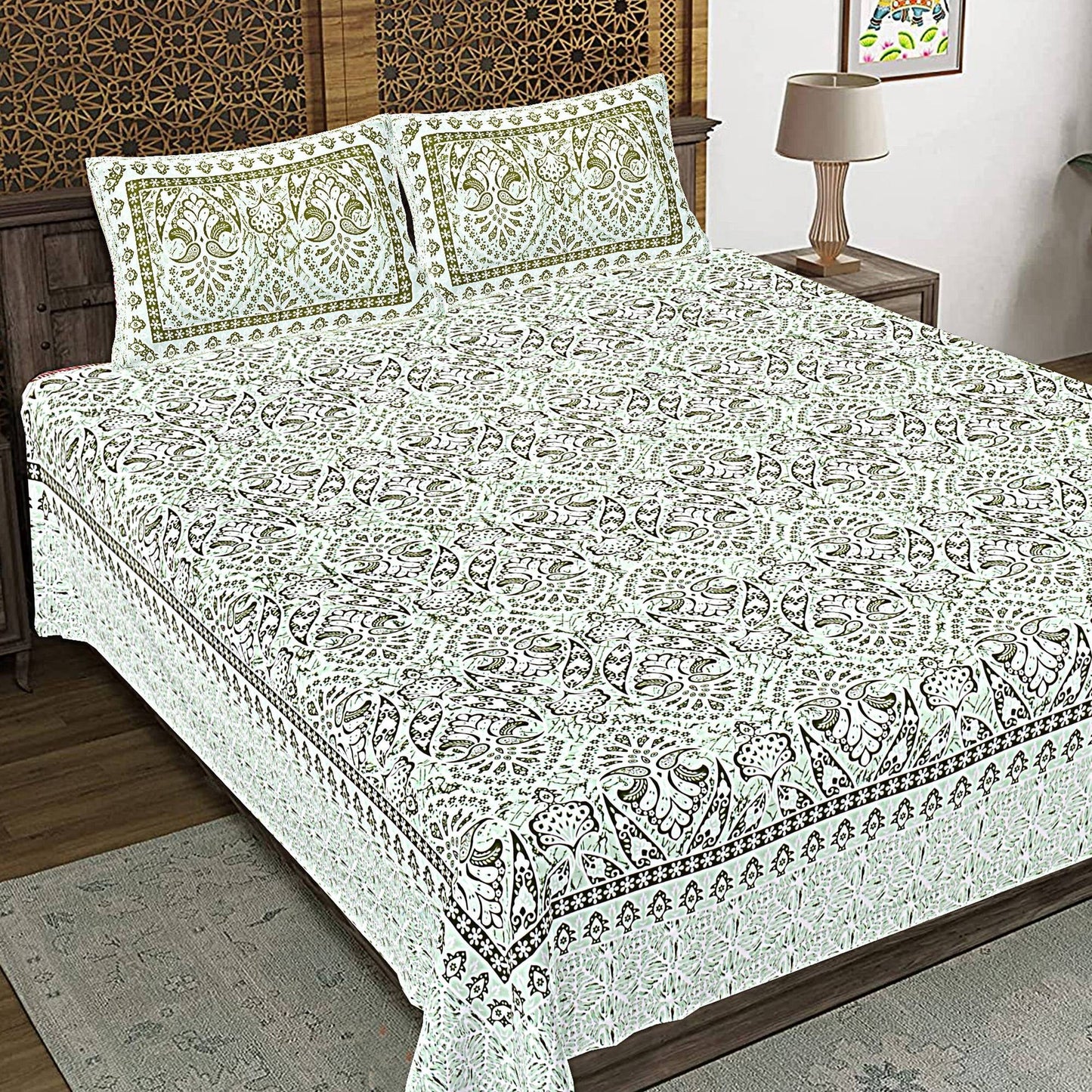 Rudra Bazaar Green 210 TC Cotton Double King Bedsheet With 2 Pillow Covers