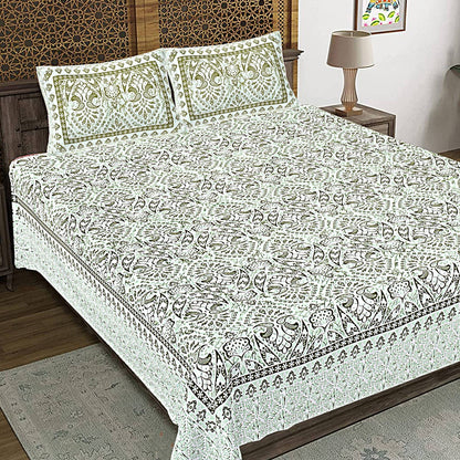 Rudra Bazaar Green 210 TC Cotton Double King Bedsheet With 2 Pillow Covers