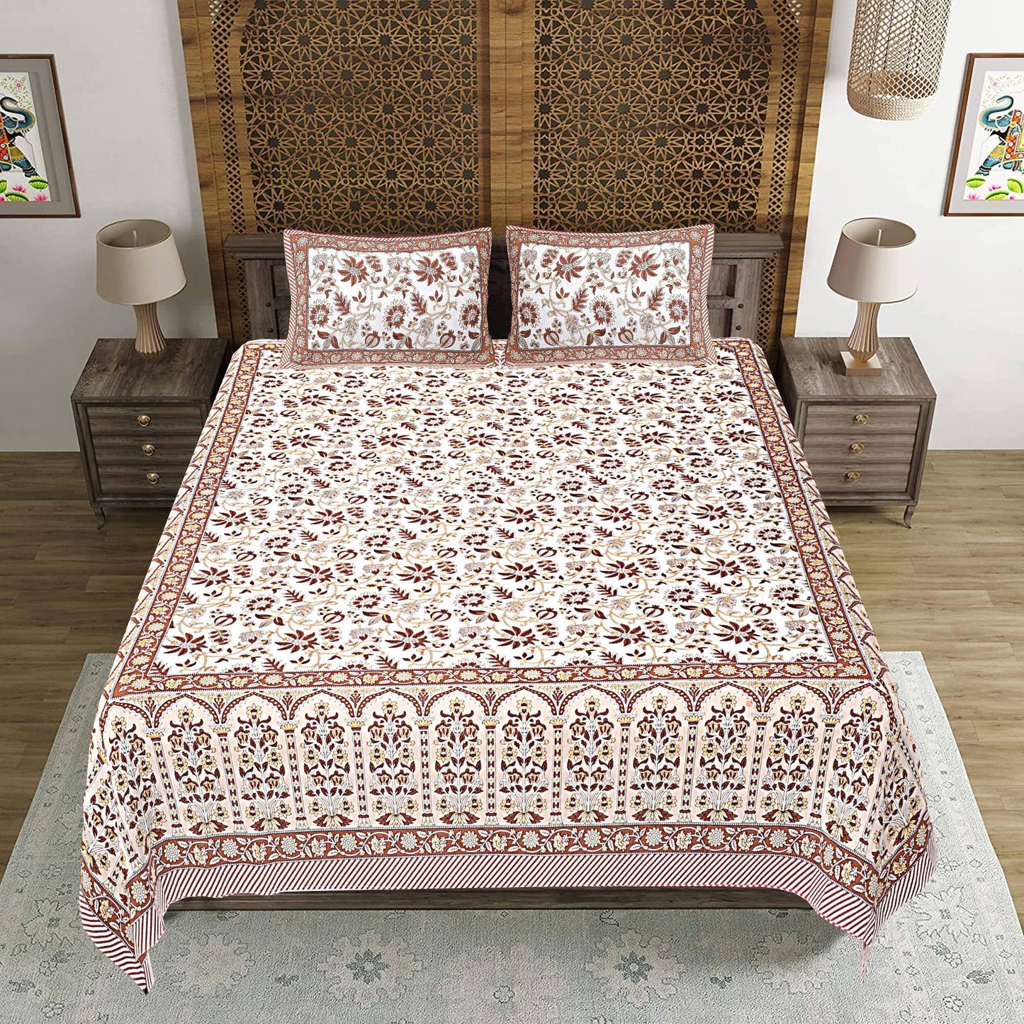 Rudra Bazaar Brown 210 TC Cotton Double King Bedsheet With 2 Pillow Covers