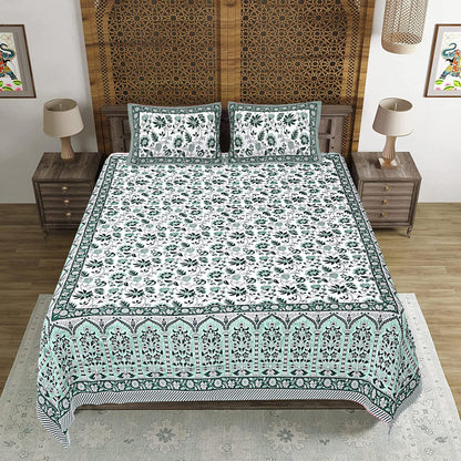 Rudra Bazaar Sea Green 210 TC Cotton Double King Bedsheet With 2 Pillow Covers